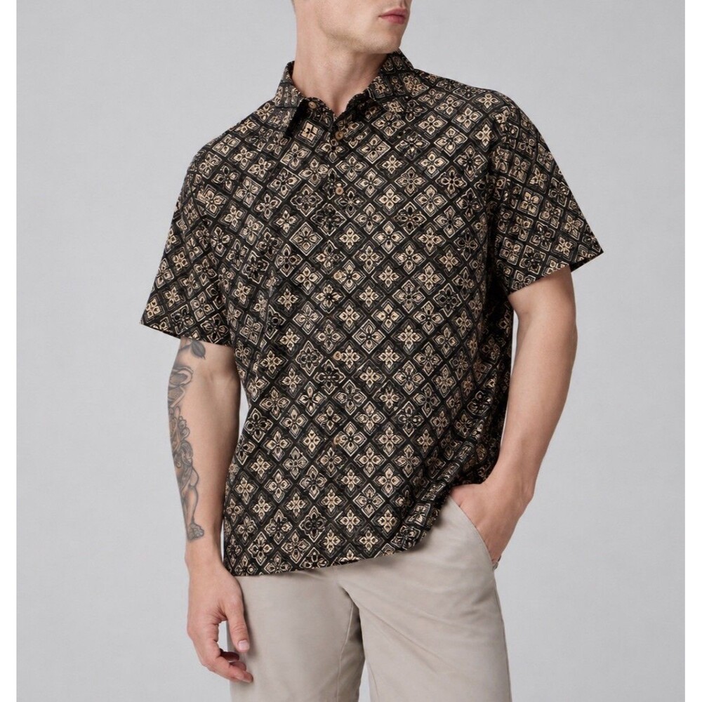 CARIBBEAN JOE Mens Camp Shirt XXL Black Brown Geometric 100% Rayon Button Up SS